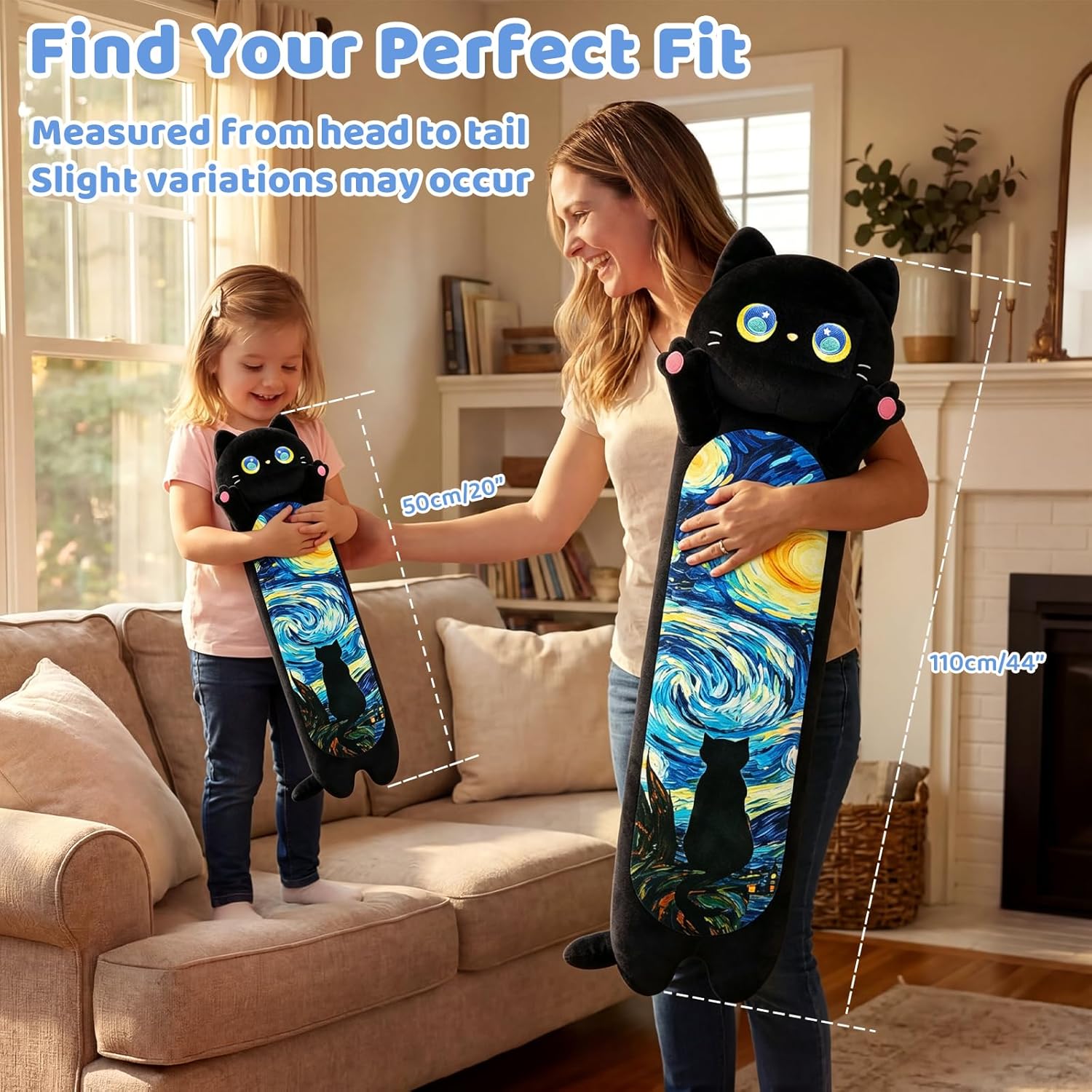 Mewaii Long Cat Plush 5 Sizes, 120% Extra Filling Giant Plushness Kids Body Pillow, Kawaii Cute Black Starry Cat Stuffed Animals Plushies, Big Long Black Cat Body Pillow Plush Gift for Girls 20” - Image 7