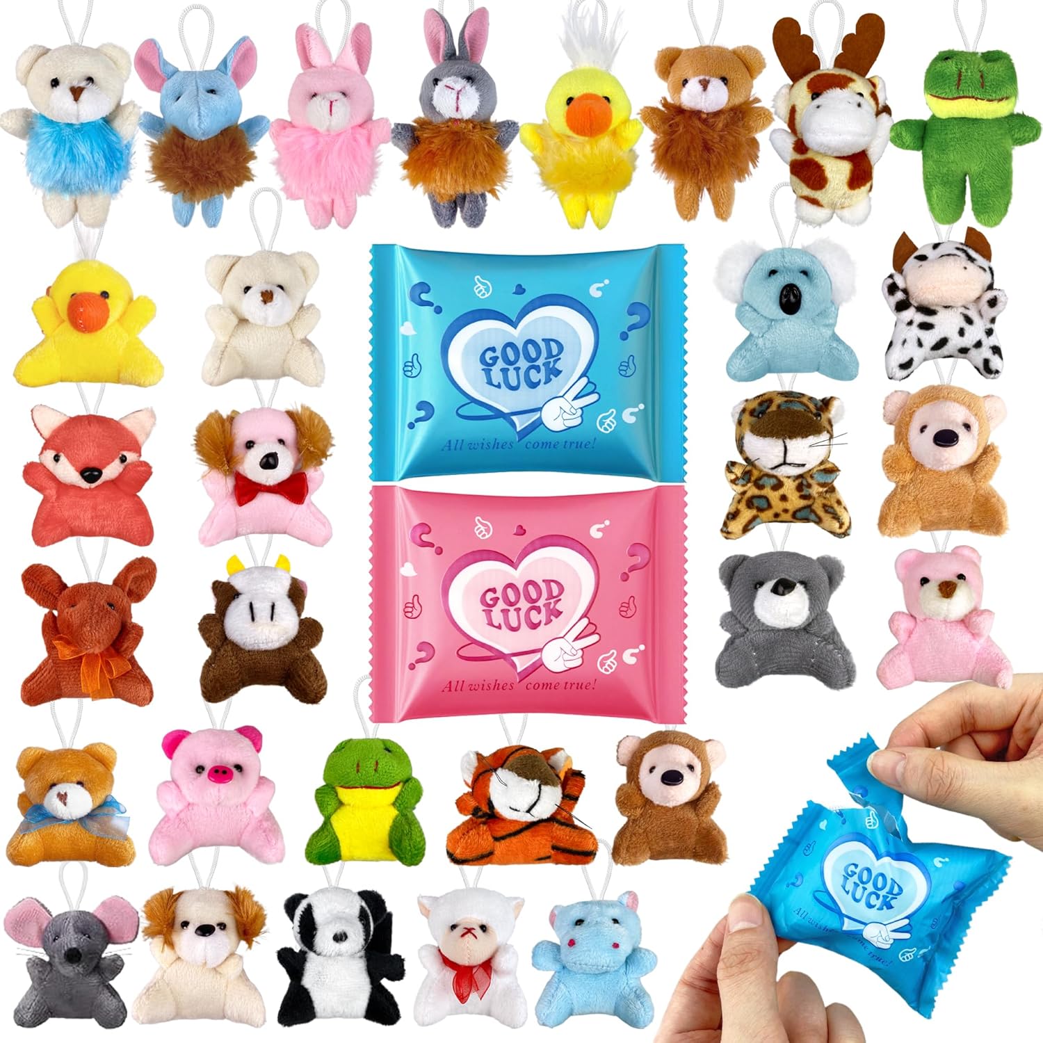 24 PCS 30 Styles Mini Blind Bags Mystery Bag Toys Random Style Mini Stuffed Animals Plush Keychain Bulk Collectible Surprise Party School Classroom Birthday Easter Egg