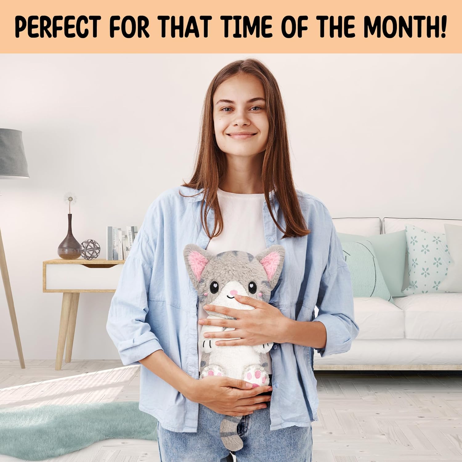 Happy Fuel Grey Cat Microwavable 1.5 lbs Unscented Heating Pad for Women & Kids- Cute Soft Cozy Pillow Plush Heatable Warm Stuffed Animals- Kawaii Hot & Cold Plushie - Gray Cat Gifts for Girls & Women - Image 6