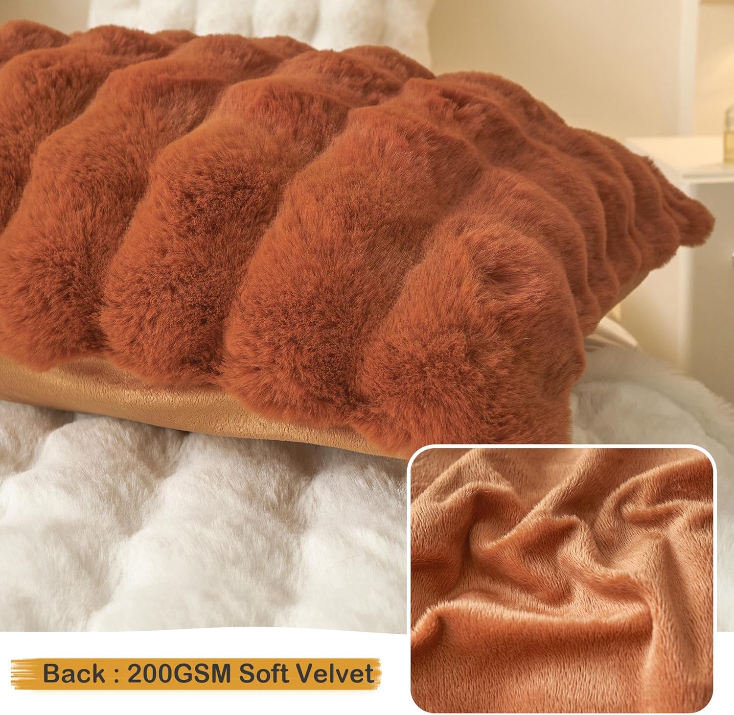LIFEREVO 2 Pieces Fluffy Faux Rabbit Fur Pillow Cases, Luxury Soft Plush Shaggy Bubble Pillowcases Standard Size with Zipper, Furry Fuzzy Long Pillow Shams Adult Girls Kids Teens 20x26, Burnt Orange - Image 5