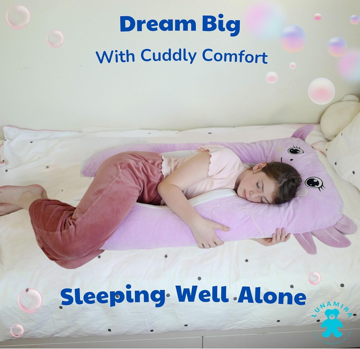 LUNAMIRA Axolotl Kids Body Pillow - 47" U-Shape Long Plush Soft Animal Pillow for Kids, Sleeping, Reading, ADHD & Special Needs Comfort, Anxiety, Washable Cover, Snuggle Fun Cuddle for Boys & Girls - Image 5