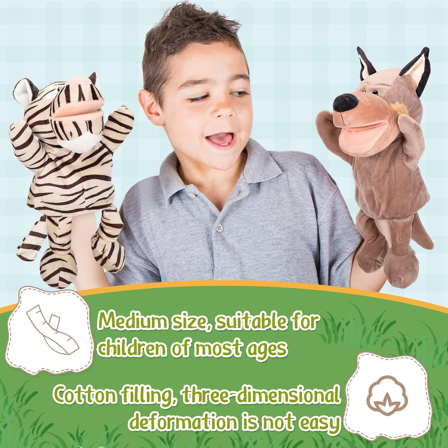 Wettarn 10 Pcs Animal Hand Puppets 12 Inch Soft Plush Lion Orangutan Giraffe Tiger Pig Elephant Plush Hand Toddler Puppets for Boys and Girls Kids Storytelling, Teaching, Role Playing(Lovely Style) - Image 3
