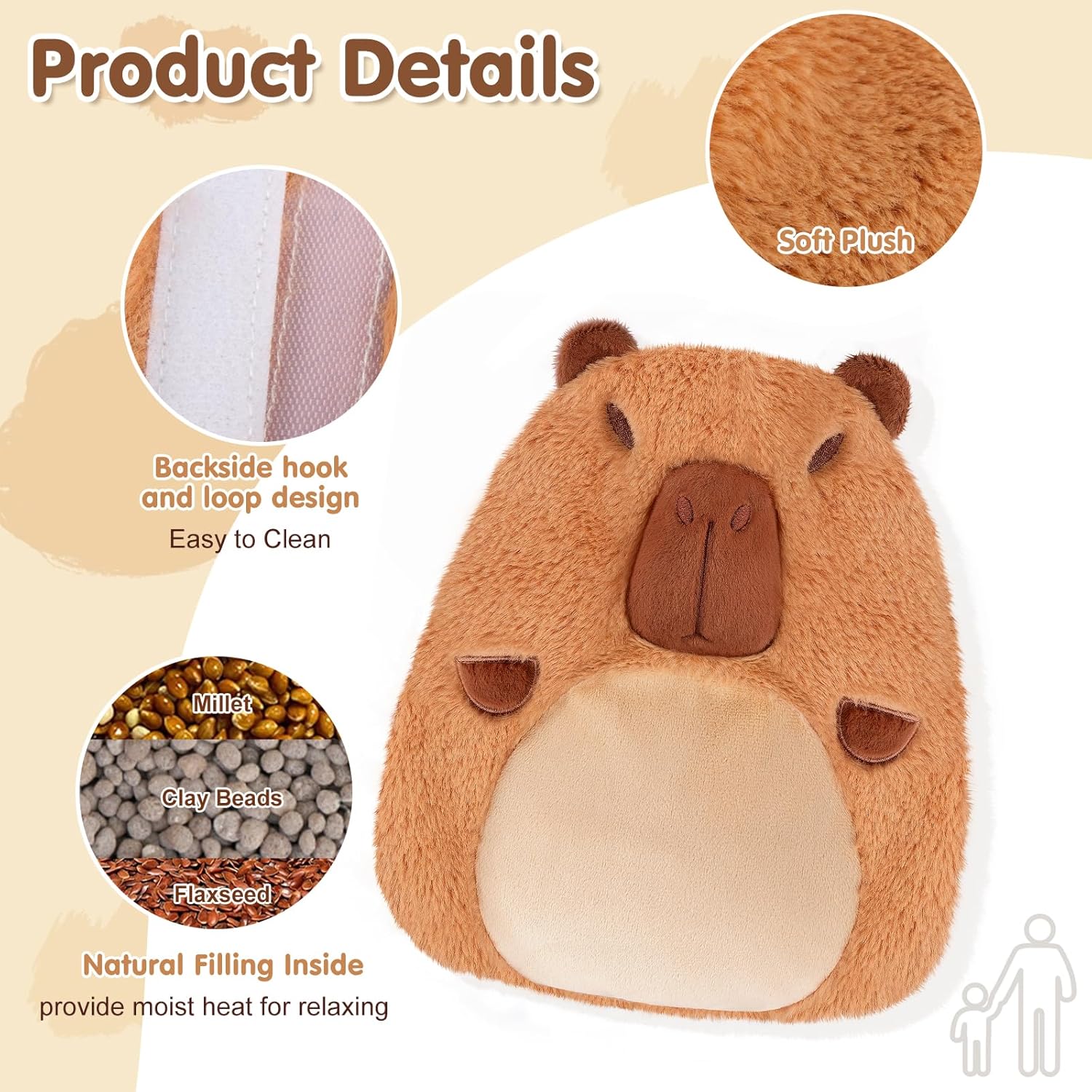 Capybara Microwavable Heating Pad for Belly, Neck & Shoulders, Heated Stuffed Animals with Moist Heat, Removable Plush Cover, Unscented Natural Fill, Adorable Surprise Present, 7.8" x 10.6", 1.2 lb - Image 2