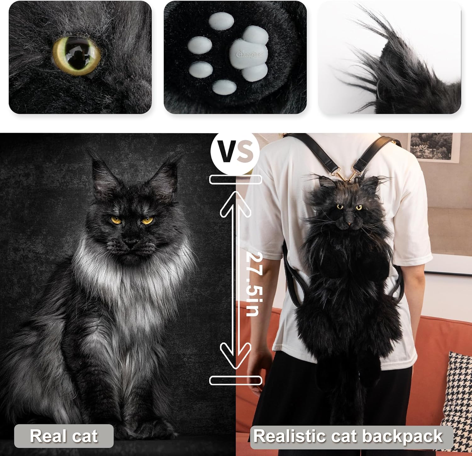 Chongker Cat Shaped Backpack - Handcrafted Stuffed Animals Plush Bag with Adjustable Shoulder, Crossbody, and Handbag Straps (MaineCoon Cat) - Image 3