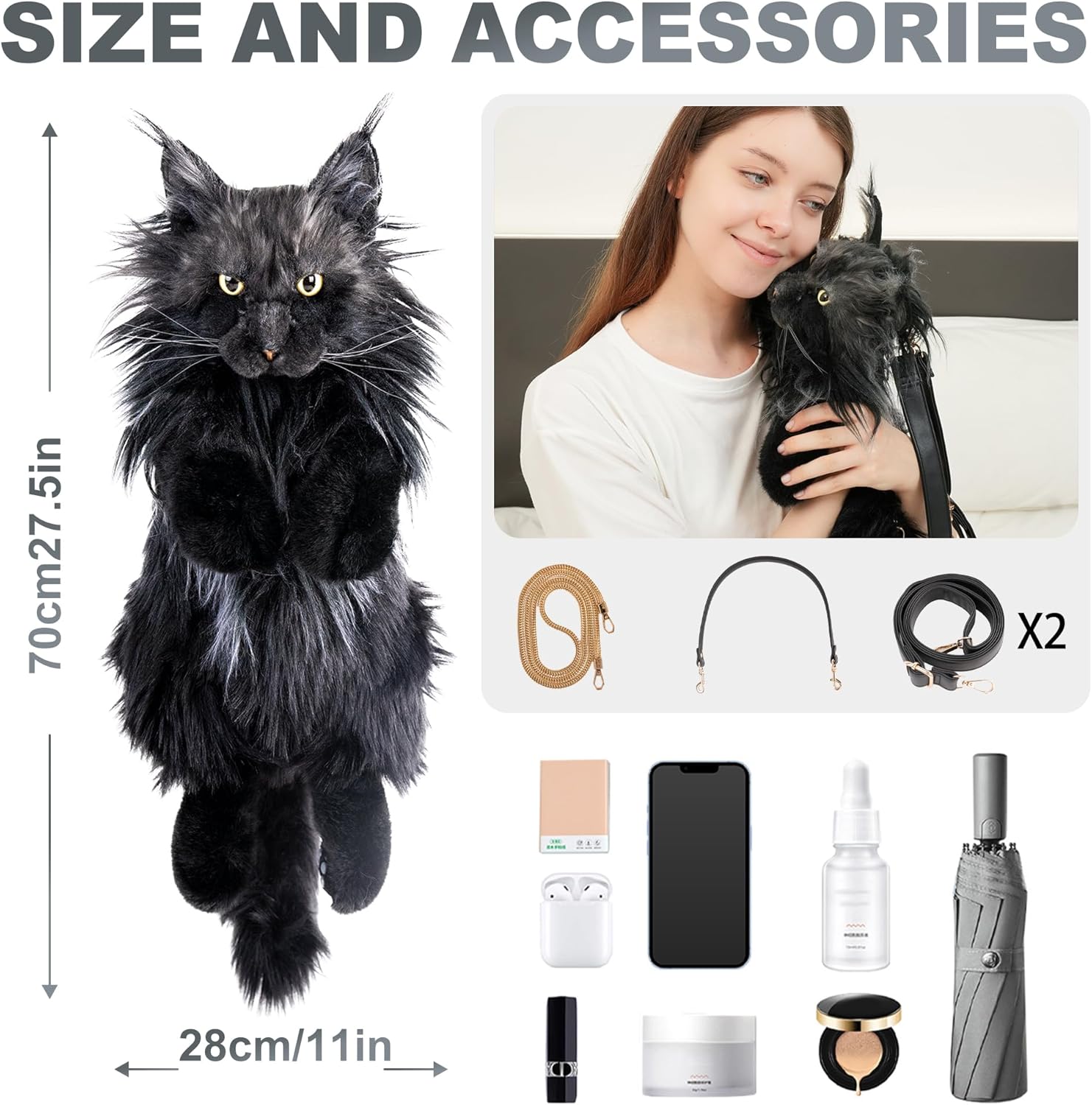Chongker Cat Shaped Backpack - Handcrafted Stuffed Animals Plush Bag with Adjustable Shoulder, Crossbody, and Handbag Straps (MaineCoon Cat) - Image 6