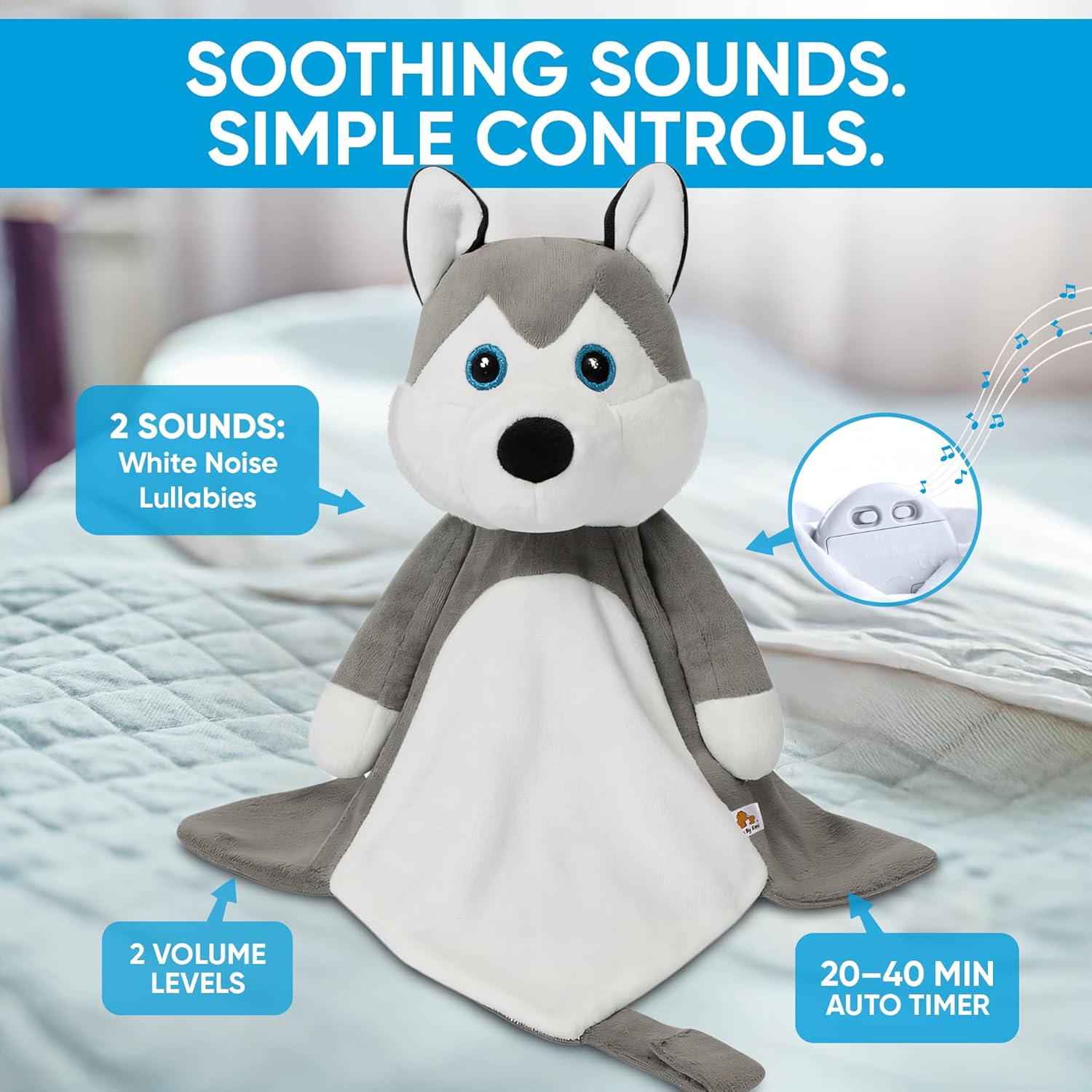 Love By Emi 4 in 1 Baby Lullaby Sleep Soother Toy - Stuffed Animal Sound Machine & Pacifier Holder | Heartbeat White Noise & Music | Plush Husky Lovey Sleep Aid Security Blanket (0-3 Years) - Image 3