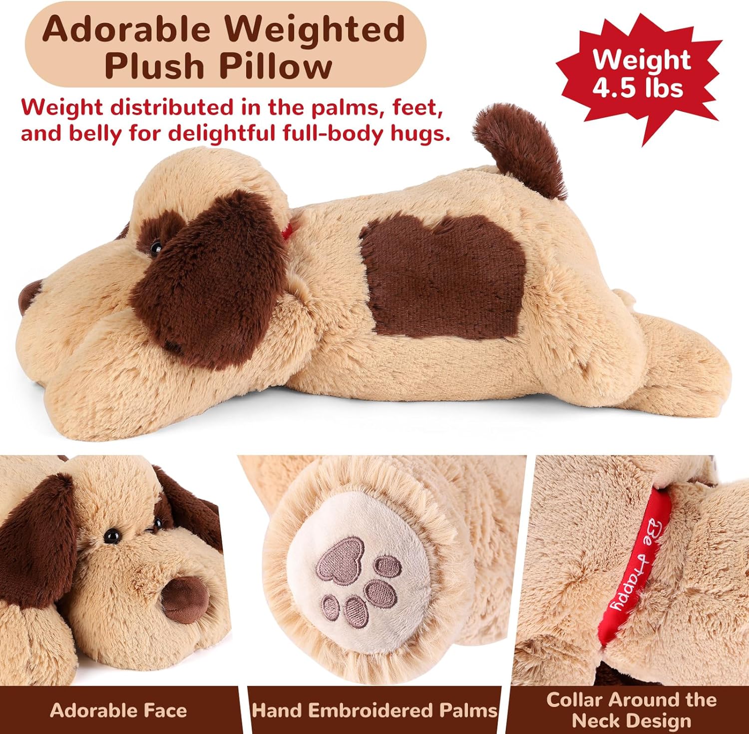 meowtastic Brown Dog Weighted Stuffed Animals - 22 Inch 4.5 Pounds Weighted Plush Dog Stuffed Animals - Big Stuffed Dog Weighted Plush Pillow - Cute Plush Toys Gifts for Kids & Adults (22" 4.5 lbs) - Image 4