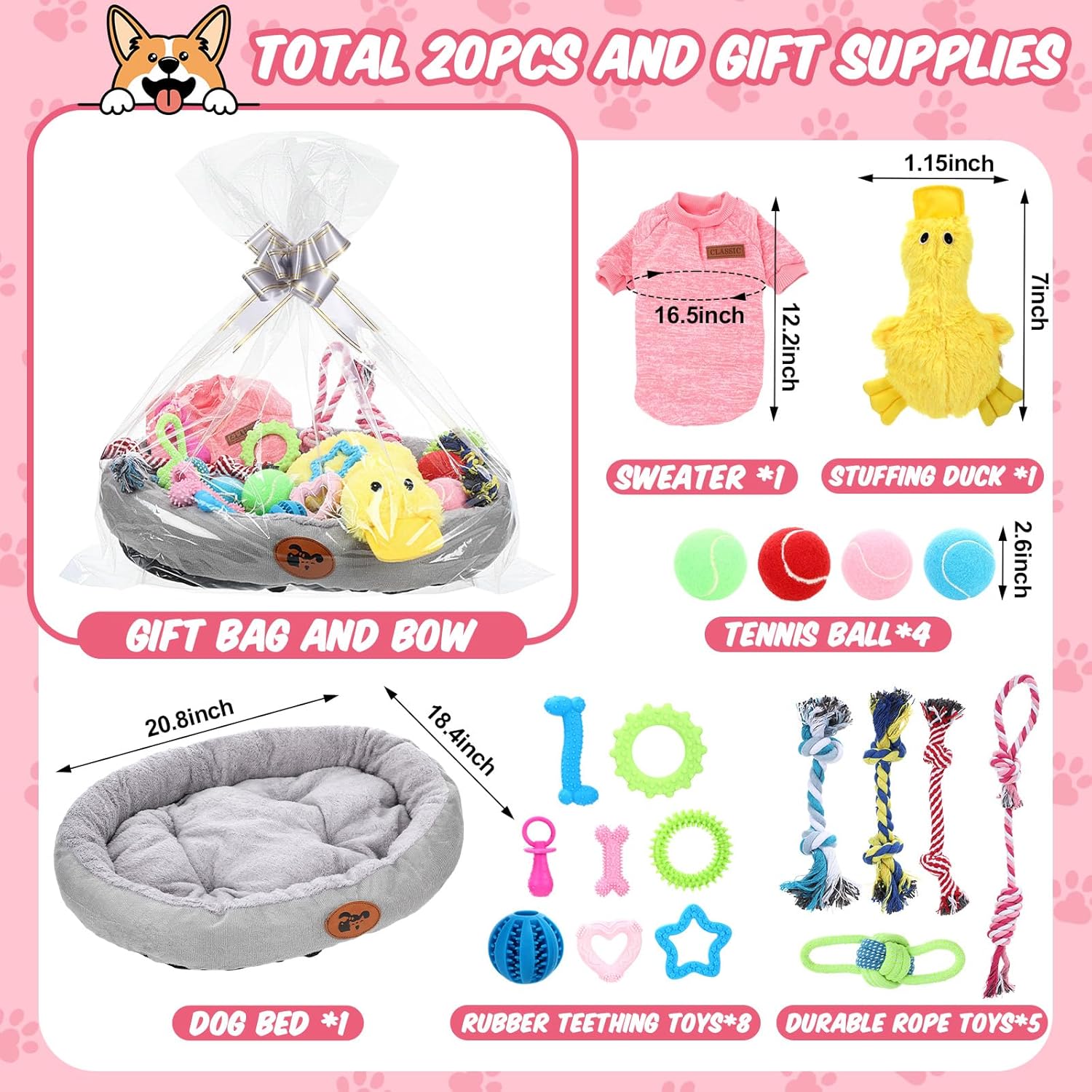 Zopeal 24 Pcs Luxury Dog Gift Set Thickened Plush Dog Bed and Sweater Dogs Squeaky Toys Breed Chewer Cute Duck Stuffed and Soft Squeaker Balls for Winter Puppy Pet Teething Chewing - Image 2