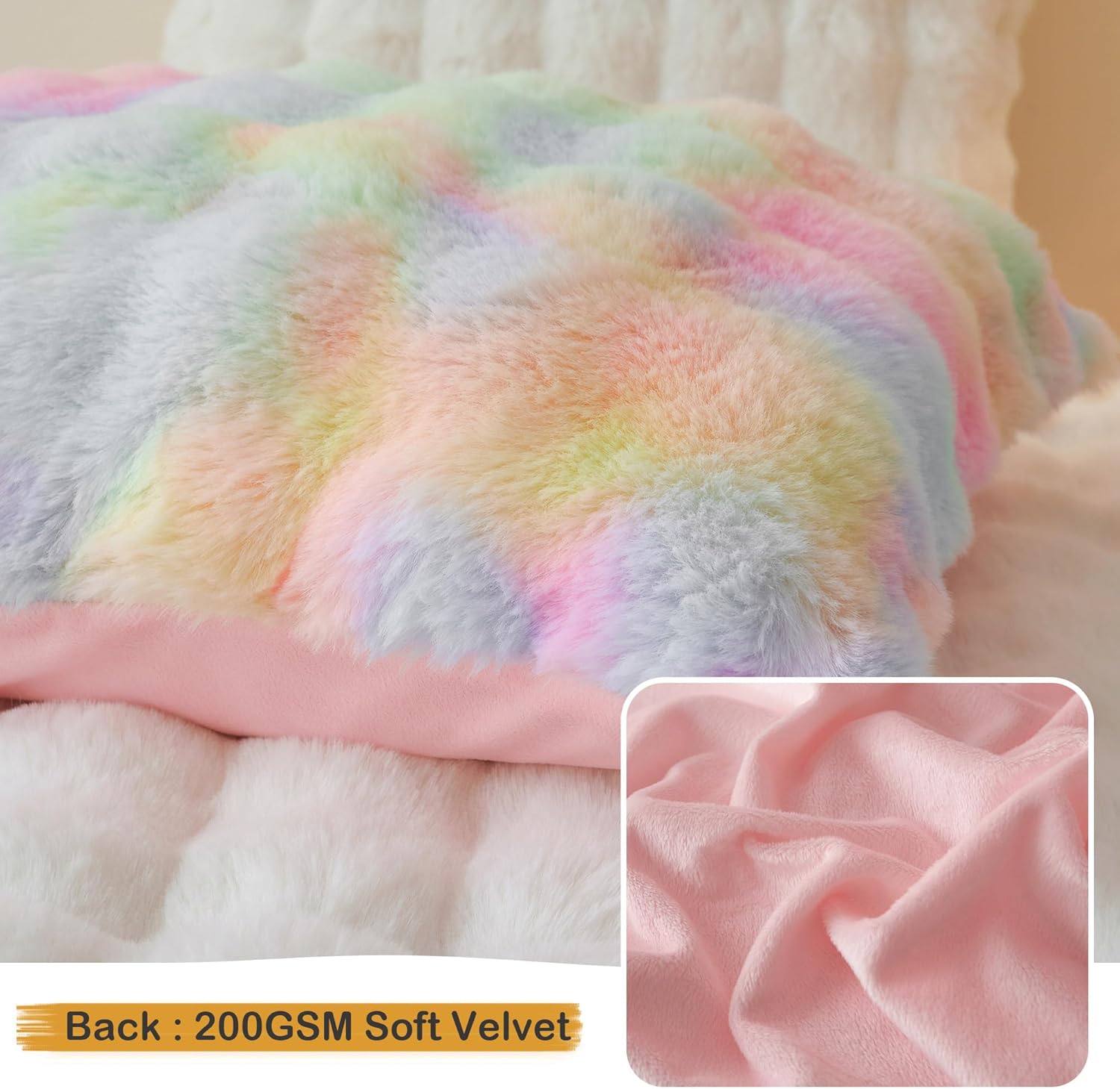 LIFEREVO 2 Pieces Fluffy Faux Rabbit Fur Pillow Cases, Luxury Soft Plush Shaggy Bubble Pillowcases Standard Size with Zipper, Furry Fuzzy Long Pillow Shams for Adult Girls Kids Teens 20x26, Rainbow - Image 5