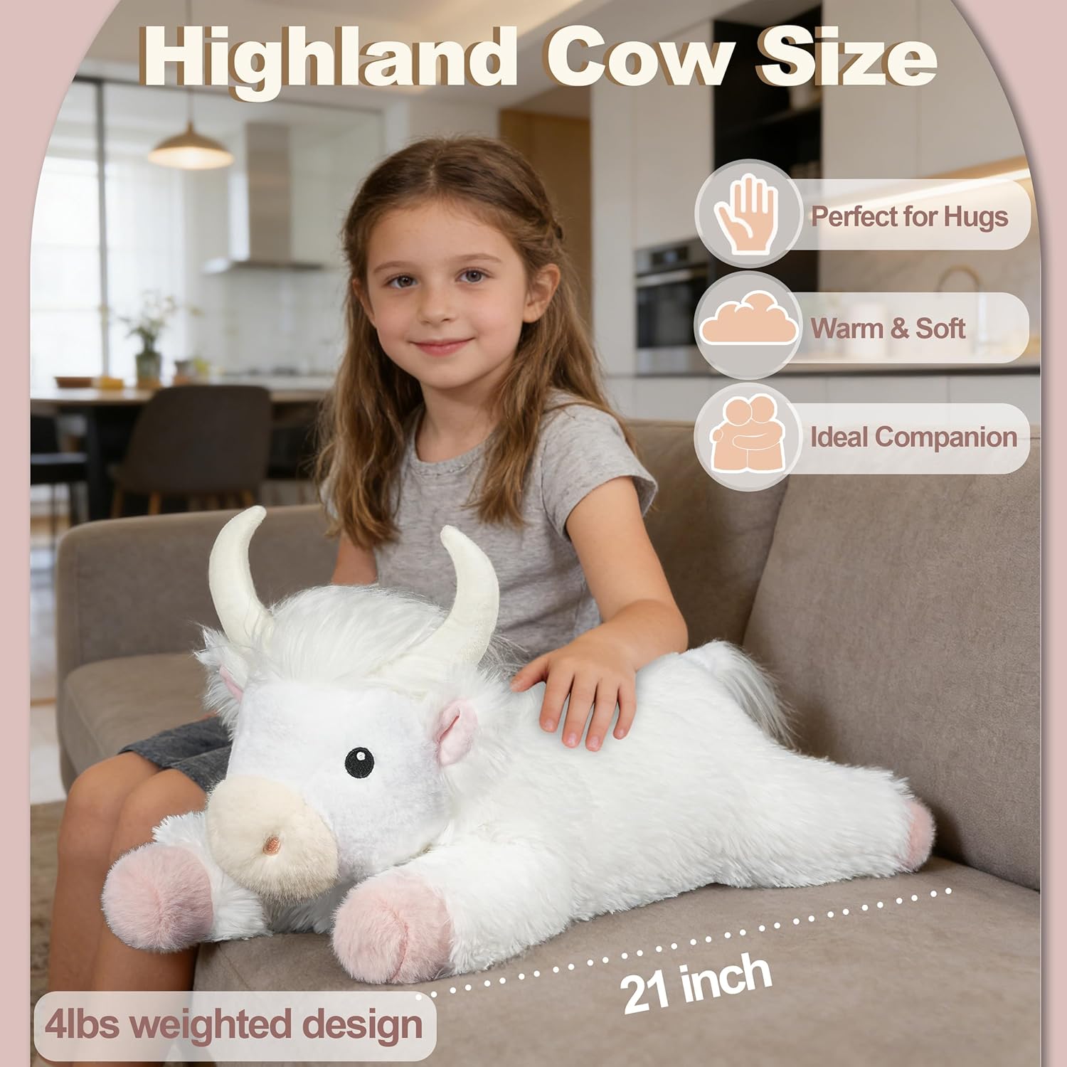4 lbs Weighted Stuffed Animal Highland Cow Plush Pillow,21" Large Weighted Cow Plush Toy, Soft Fluffy Highland Cow Stuffed Animal for Kids & Adults, Cute Farm Animal Gift (White) - Image 4