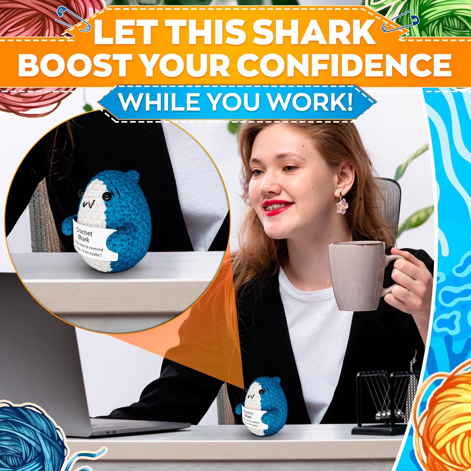 Crochet Shark Plushie – Shark Stuffed Animal with Message Card, Soft Yarn 2.8" – Cute Fathers Day Stuffed Animal, Small Gift for Desk, Basket Filler for Friends, Coworkers & Reminder for Daily Smiles - Image 5