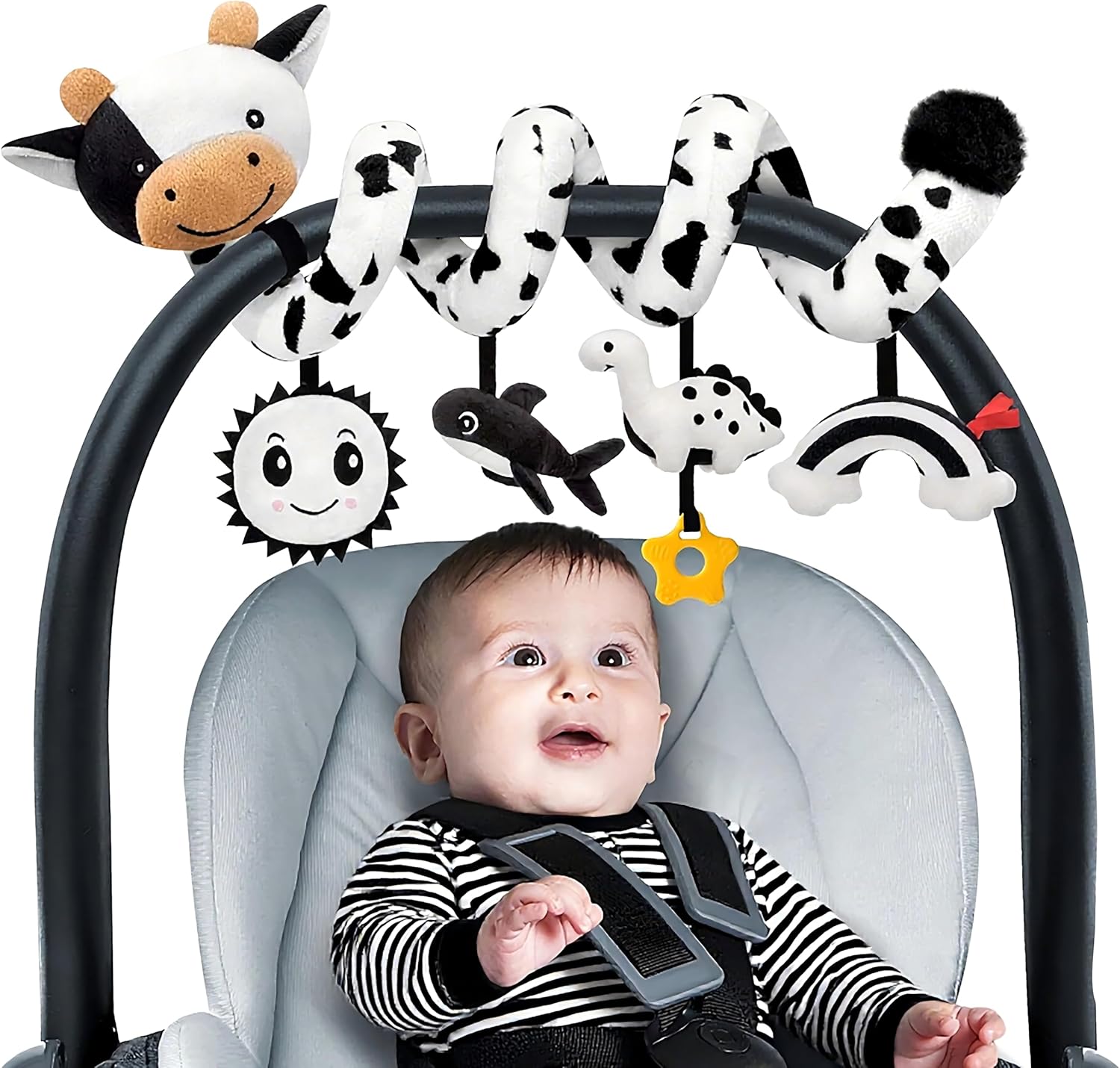 Spiral Car Seat Baby Toys 0-6 Months, Infant Carseat High Contrast Sensory Toys Hanging Stroller Accessories, Newborn Shower Gifts for Baby Boys Essentials Stuff, Cute Black and White Cow - Image 9