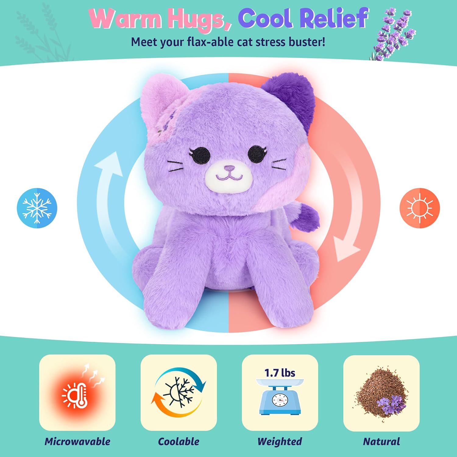Onsoyours Original Heatable & Weighted Cat Stuffed Animals, Microwavable Purple Lavender Scented Kitten Plushie for Warmth & Comfort - Cute Plush Toys for Kids and Adults - Image 2