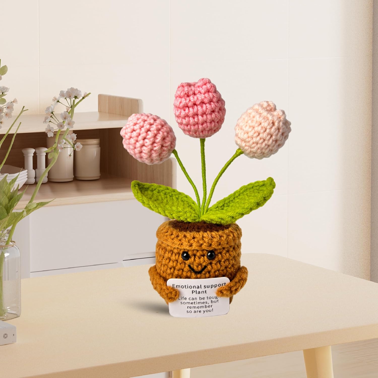 Emotional Support Crochet Flower in Pot,Uplifting Handmade Knitted Plush Plant with Positive Affirmation Card,Cheerful Gift for Office Desk Decor,Home,Car(Pink Tulip) - Image 6