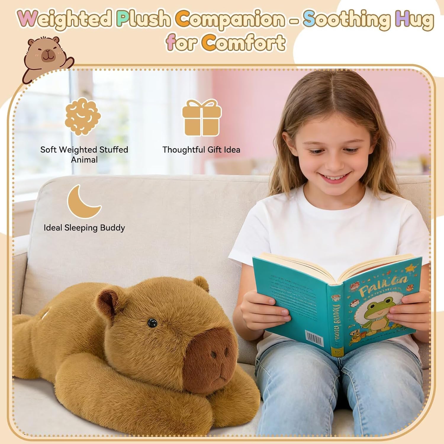 QUIRAI Capibara Plush Weighted Stuffed Animals, Weighted Capibara Stuffed Animal, Plush Pillow for Kids & Adults, Cute Capibaras Plush Toy, Birthday Gift for Relaxing, Bedtime, Comfort 24 Inch 3.3Lb - Image 5