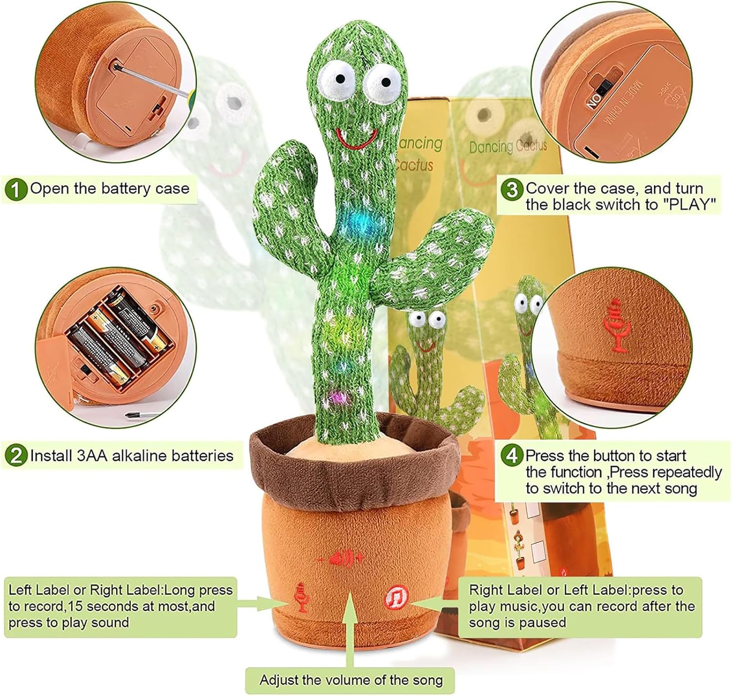 Dancing Talking Cactus Toy for Baby Boys Girls Toys, Adjustable Volume Dancing Cactus Toy Singing Mimicking Recording Repeating What You Say with LED English Sing Talking 15 Second Voice Recorder - Image 8