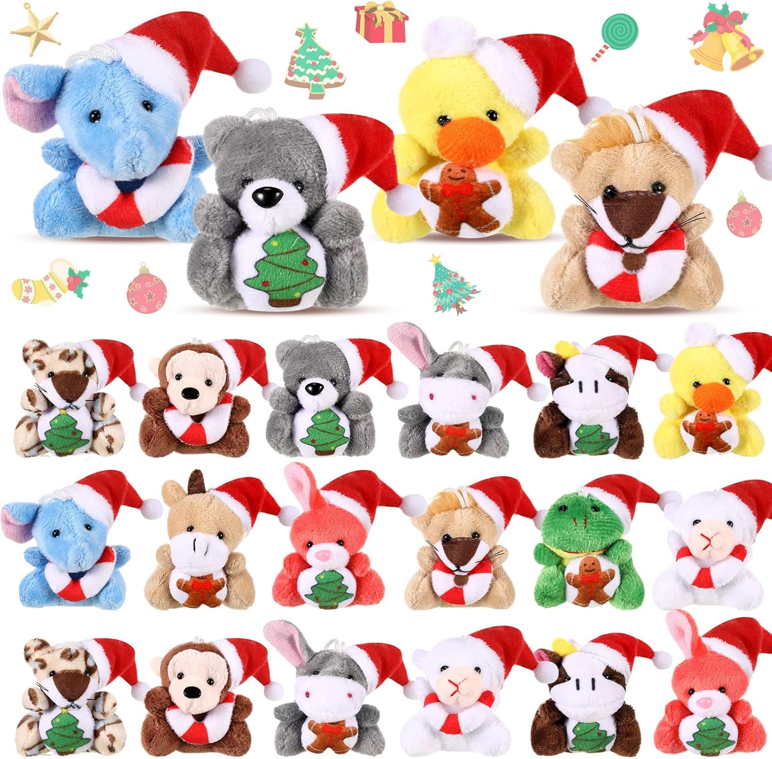 Blueweenly 24 Pcs Mini Christmas Stuffed Animal Plush Keychain Decorations Xmas Small Plush Animal Toys with Santa Hat Christmas Tree Plush Ornaments for Award Party Favors Gifts Decor