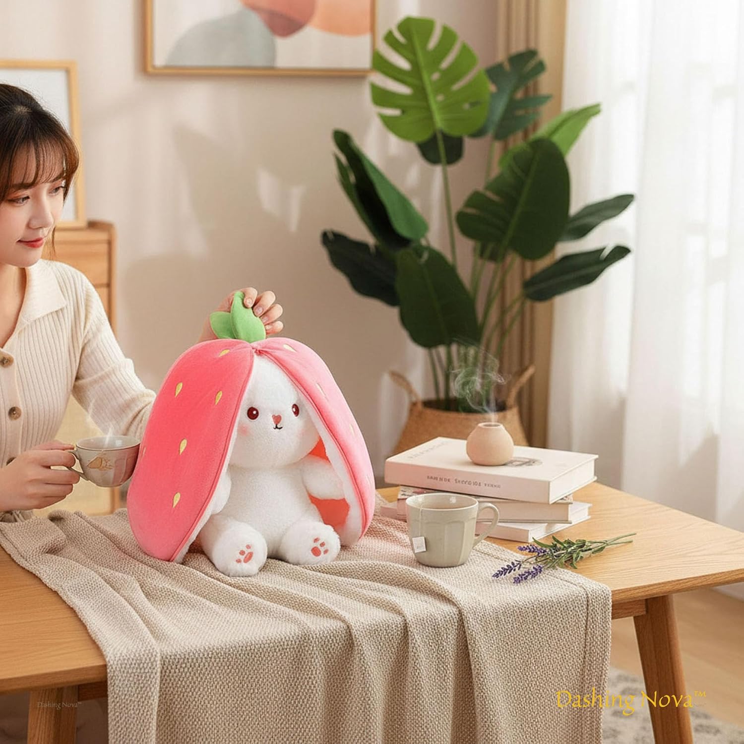 Strawberry Bunny Plush Toy Transformable Rabbit Stuffed Animal Pink 13.7 Inch Soft Plush Gift Girlfriend Girls Kids - Image 4