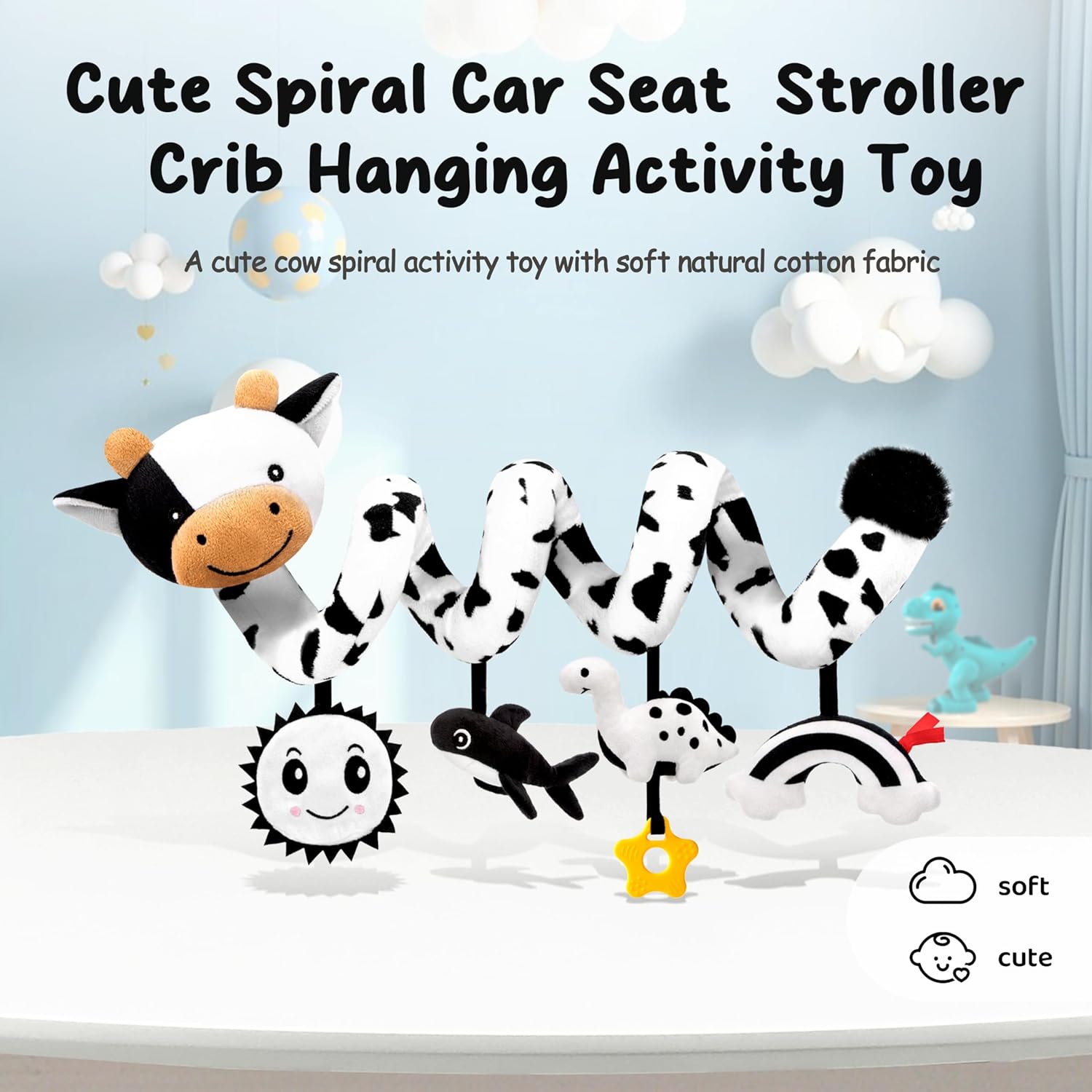 Spiral Car Seat Baby Toys 0-6 Months, Infant Carseat High Contrast Sensory Toys Hanging Stroller Accessories, Newborn Shower Gifts for Baby Boys Essentials Stuff, Cute Black and White Cow - Image 2
