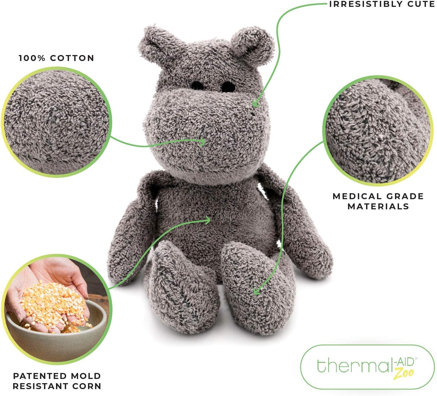 Thermal-Aid Zoo Mini — (Happy the Hippo) — Mold-Resistant, Washable Hot & Cold Pack for Kids — Heating and Cooling Pad with Natural Corn Filling — Reusable Plush Toy - Image 2