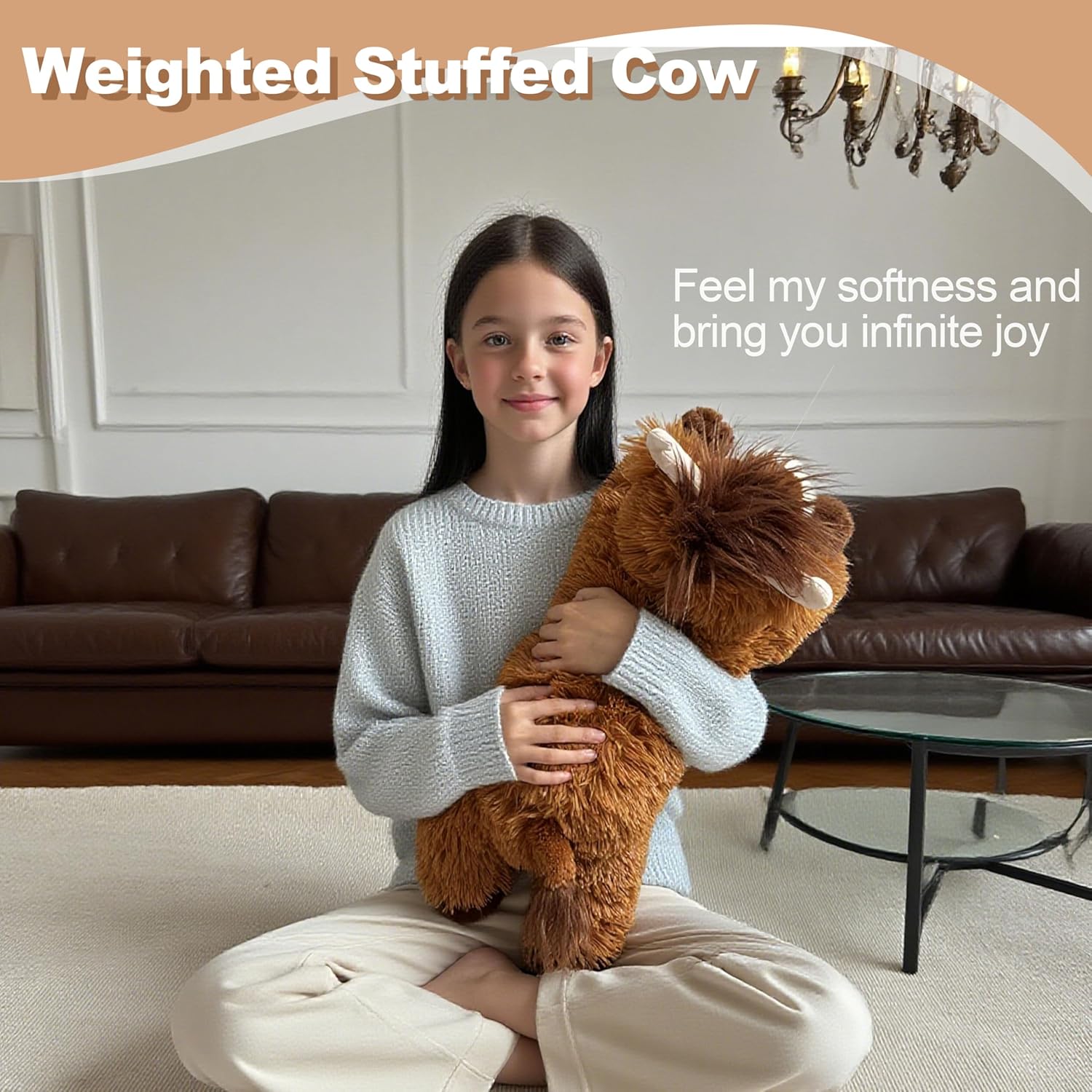 4 lbs Weighted Stuffed Animal Highland Cow Plush,21" Large Weighted Cow Plush Toy,Soft Fluffy Highland Cow Stuffed Animal for Kids & Adults,Cute Farm Animal Gift Plush (Brown) - Image 3