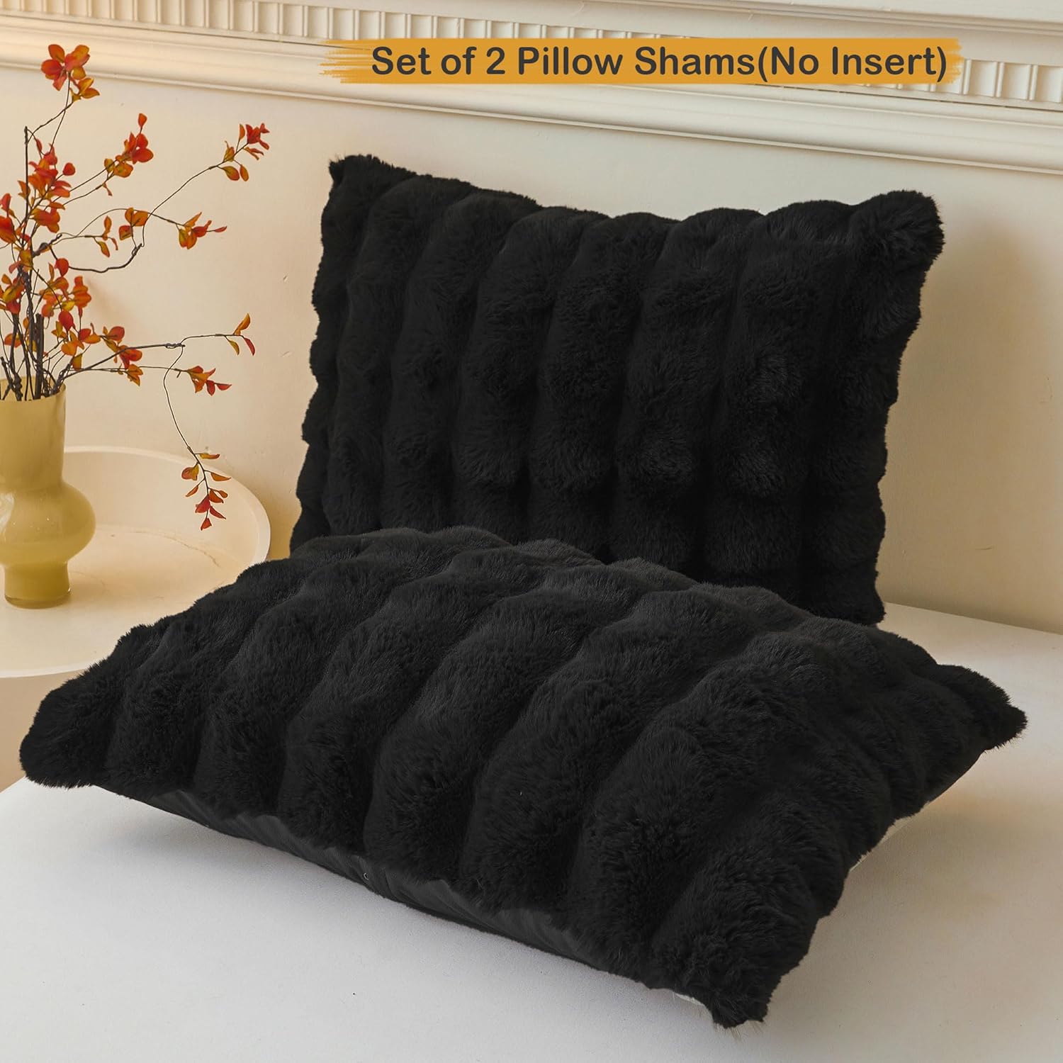 LIFEREVO 2 Pack Fluffy Faux Rabbit Fur Pillow Cases, Luxury Soft Plush Shaggy Bubble Pillowcases Standard Size with Zipper Closure, Furry Fuzzy Long Pillow Shams for Bedroom Living Room 20x26, Black - Image 2
