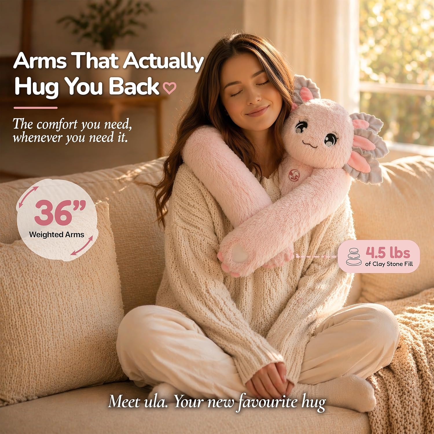 Huggle Healers Weighted Stuffed Animals for Adults, Teens and Kids - 36 Inch Long Plush Arms Pink Stuffed Animal for Hugs - 4.5lb Axolotl Plushies - Ula Axolotl - Image 2