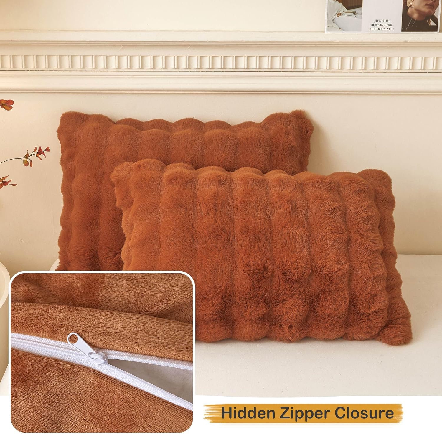 LIFEREVO 2 Pieces Fluffy Faux Rabbit Fur Pillow Cases, Luxury Soft Plush Shaggy Bubble Pillowcases Standard Size with Zipper, Furry Fuzzy Long Pillow Shams Adult Girls Kids Teens 20x26, Burnt Orange - Image 6