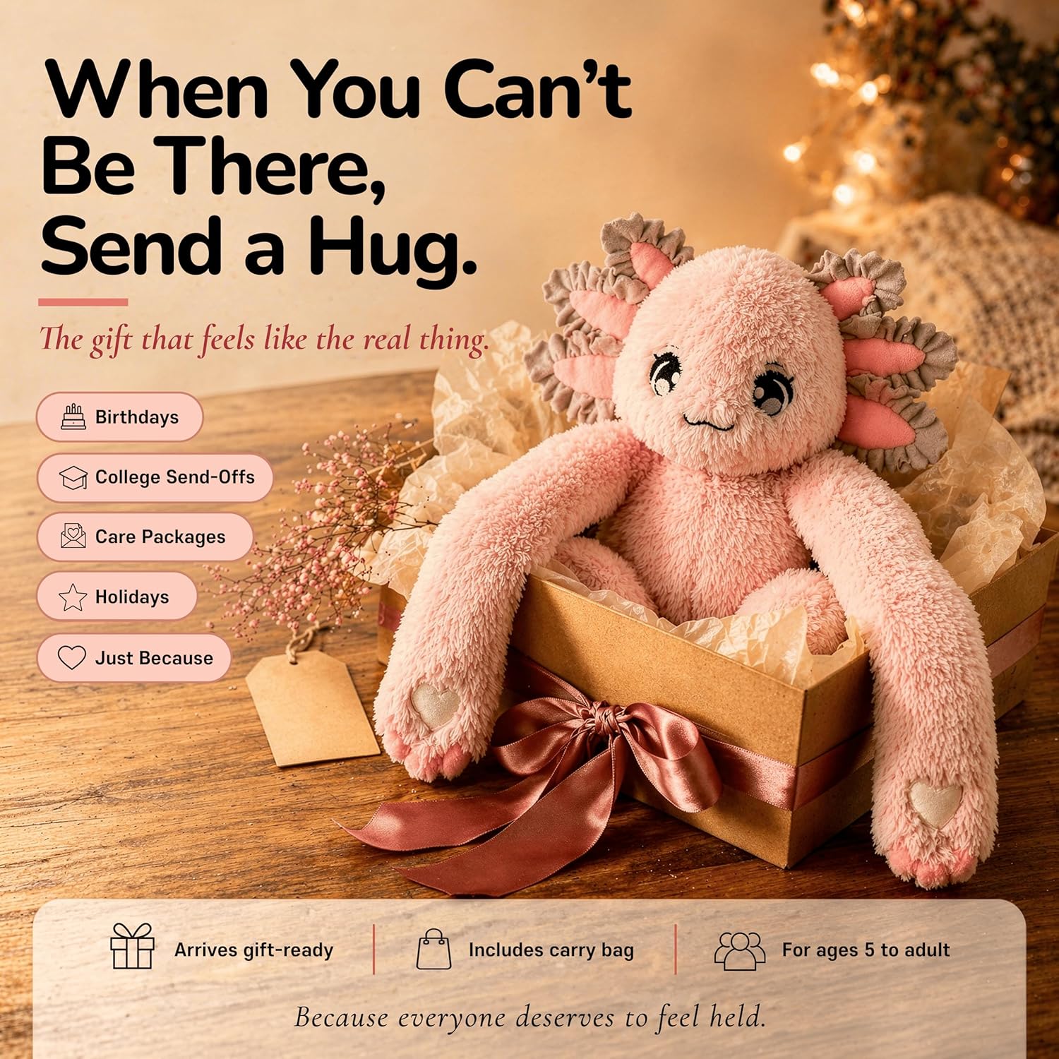 Huggle Healers Weighted Stuffed Animals for Adults, Teens and Kids - 36 Inch Long Plush Arms Pink Stuffed Animal for Hugs - 4.5lb Axolotl Plushies - Ula Axolotl - Image 7