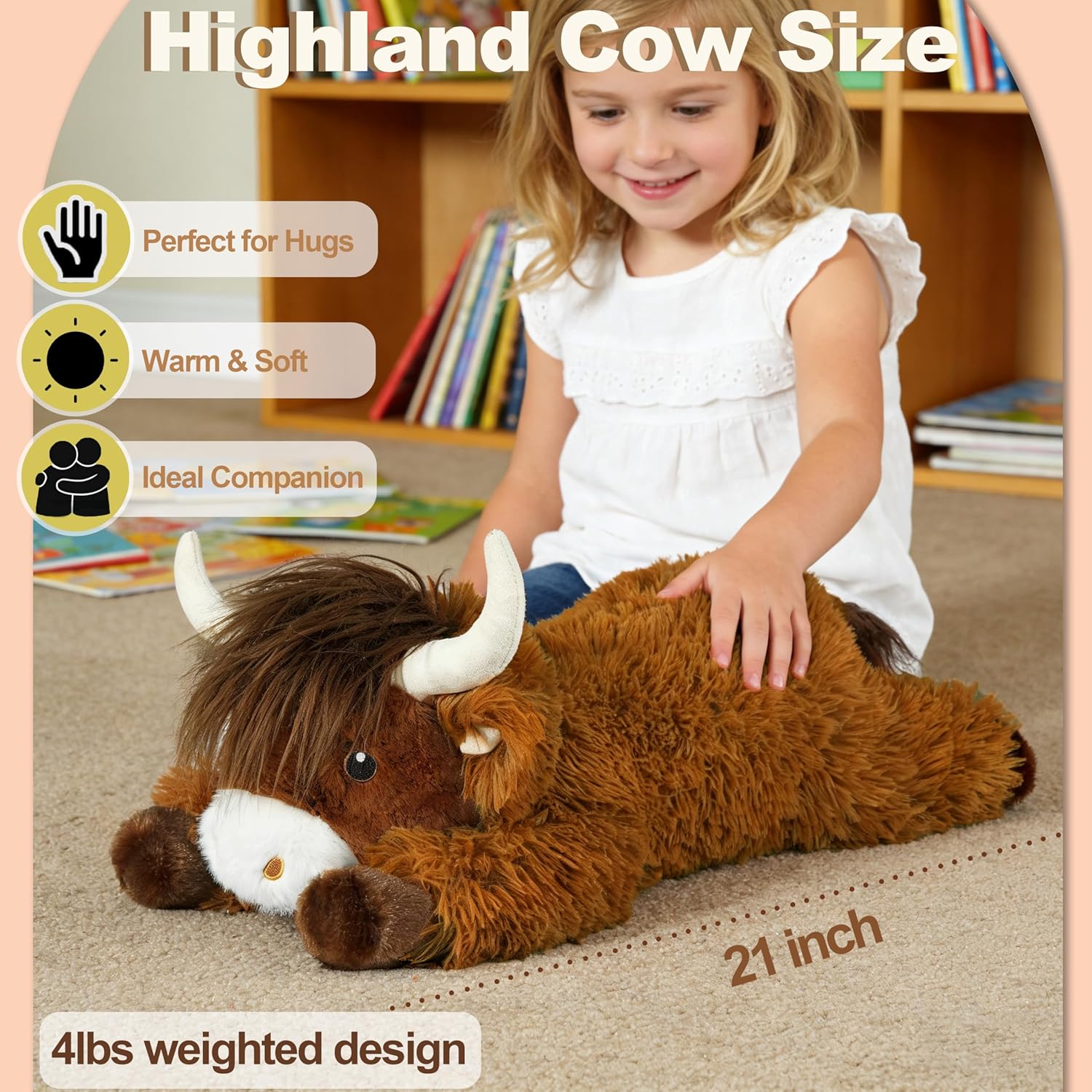 4 lbs Weighted Stuffed Animal Highland Cow Plush,21" Large Weighted Cow Plush Toy,Soft Fluffy Highland Cow Stuffed Animal for Kids & Adults,Cute Farm Animal Gift Plush (Brown) - Image 2
