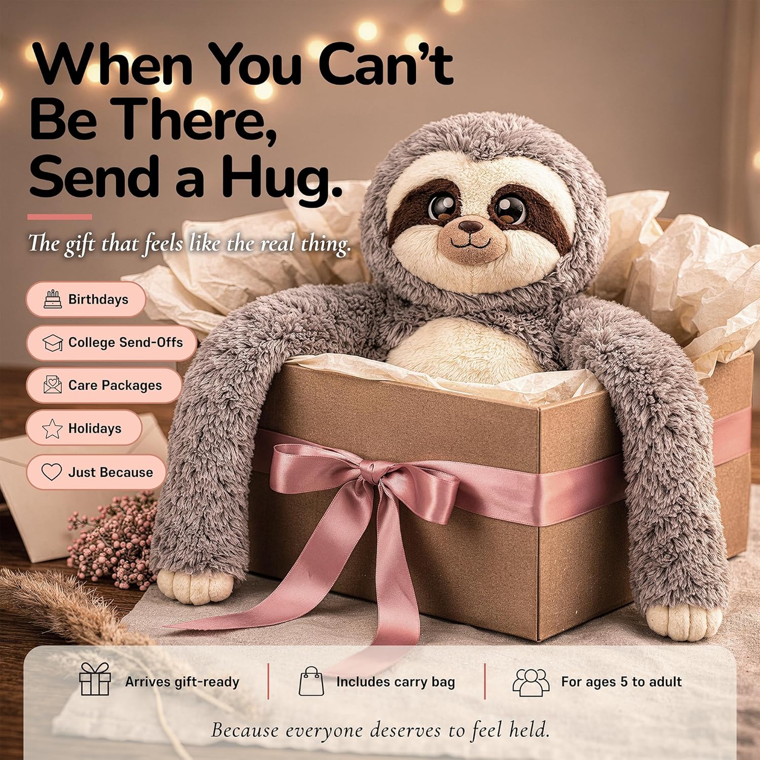Huggle Healers Weighted Stuffed Animals for Adults, Teens and Kids - 36 Inch Long Plush Arms for Hugs - 4.5lb Sloth Stuffed Animal Plushies - Marshmallow Sloth - Image 7