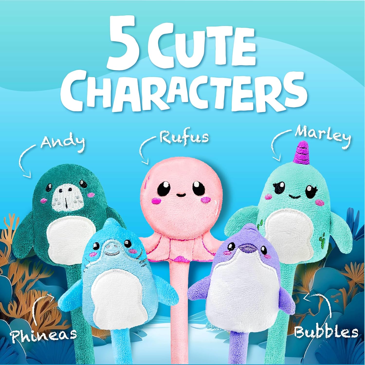 BUNMO Cute Pens - Plush Fun Pens w/Soft Grip & 10 Colorful Refills - Gifts for Tweens - Fun Pencils for Kids - Ocean Animals - Gift for Teens - Squishies for Kids - Plush 5 Pack - Image 3