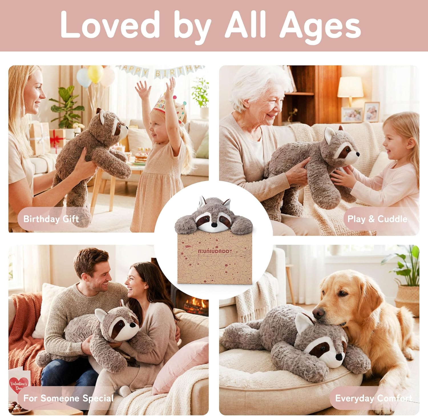 Niuniu Daddy Raccoon Weighted Stuffed Animals for Kids & Adults, 20" | 3.3lb Large Weighted Plushies Pillow for Sleeping and Calming, Cute Lying Plush Toy Huggable Gift for Everyday Comfort - Image 5