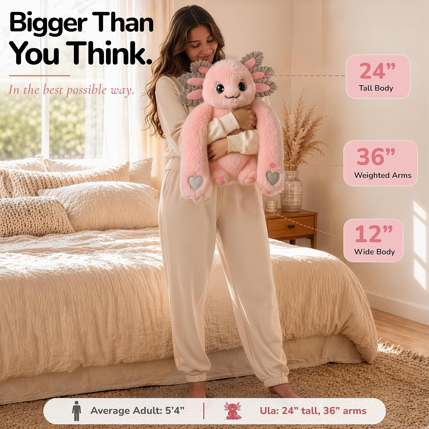 Huggle Healers Weighted Stuffed Animals for Adults, Teens and Kids - 36 Inch Long Plush Arms Pink Stuffed Animal for Hugs - 4.5lb Axolotl Plushies - Ula Axolotl - Image 3