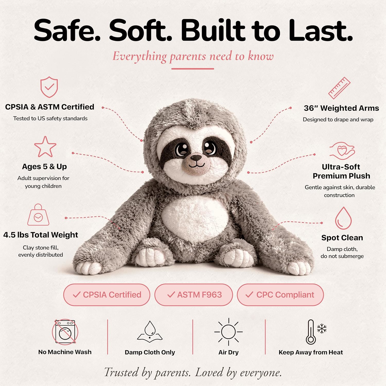 Huggle Healers Weighted Stuffed Animals for Adults, Teens and Kids - 36 Inch Long Plush Arms for Hugs - 4.5lb Sloth Stuffed Animal Plushies - Marshmallow Sloth - Image 6