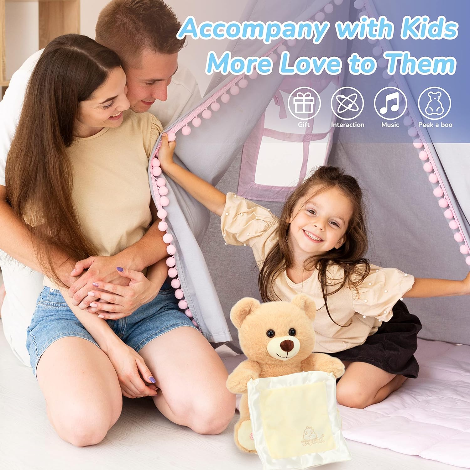 Hopearl Peek A Boo Bear with Security Blanket Interactive Repeats What You Say Plush Teddy Bear Toy Musical Singing Talking Stuffed Animal Adorable Electric Animate Birthday Festival, Beige, 11'' - Image 6