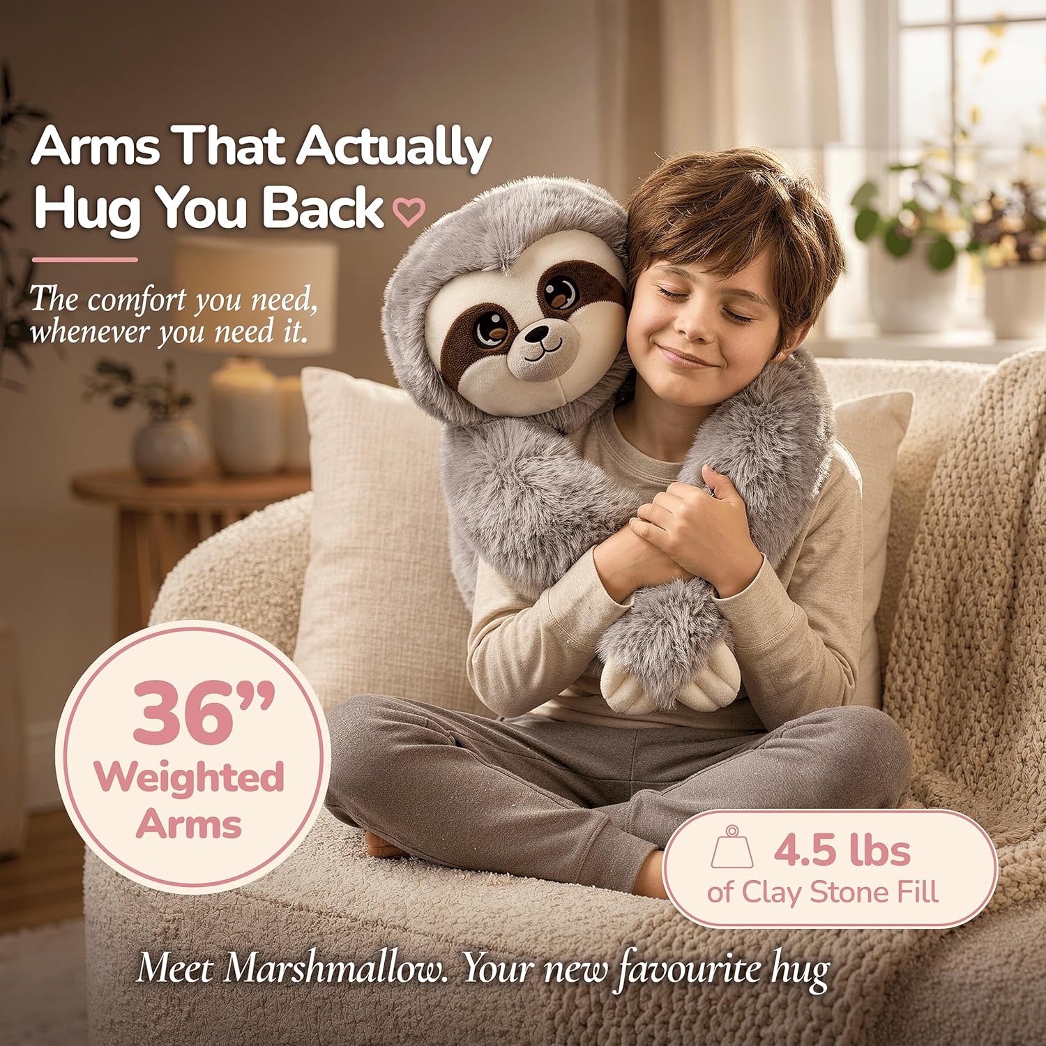 Huggle Healers Weighted Stuffed Animals for Adults, Teens and Kids - 36 Inch Long Plush Arms for Hugs - 4.5lb Sloth Stuffed Animal Plushies - Marshmallow Sloth - Image 2